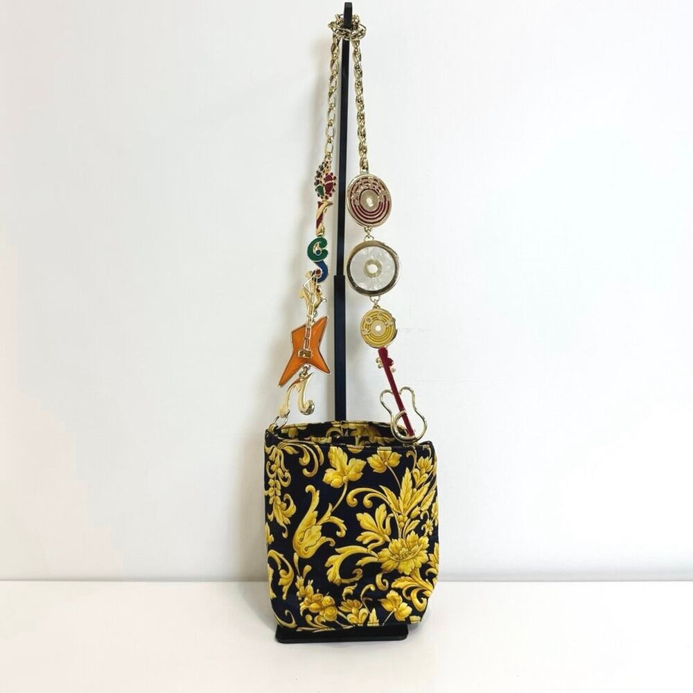 VERSACE Vintage Rare Barocco Print Bucket Bag Gold Chain Strap Color Music Charm
